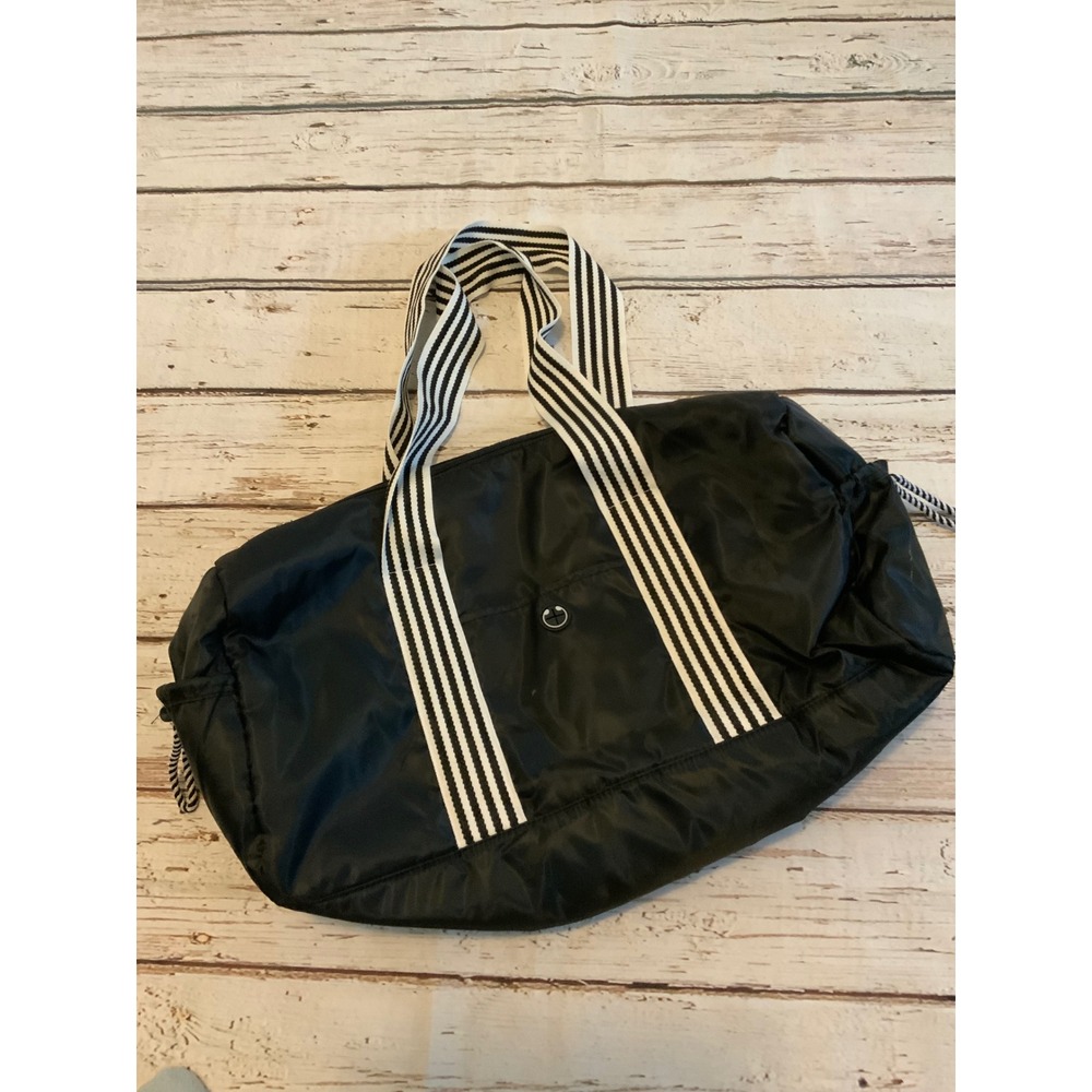 DSW Black Nylon Duffel Bag Striped Straps Sporty Weekend Gym Travel Tote